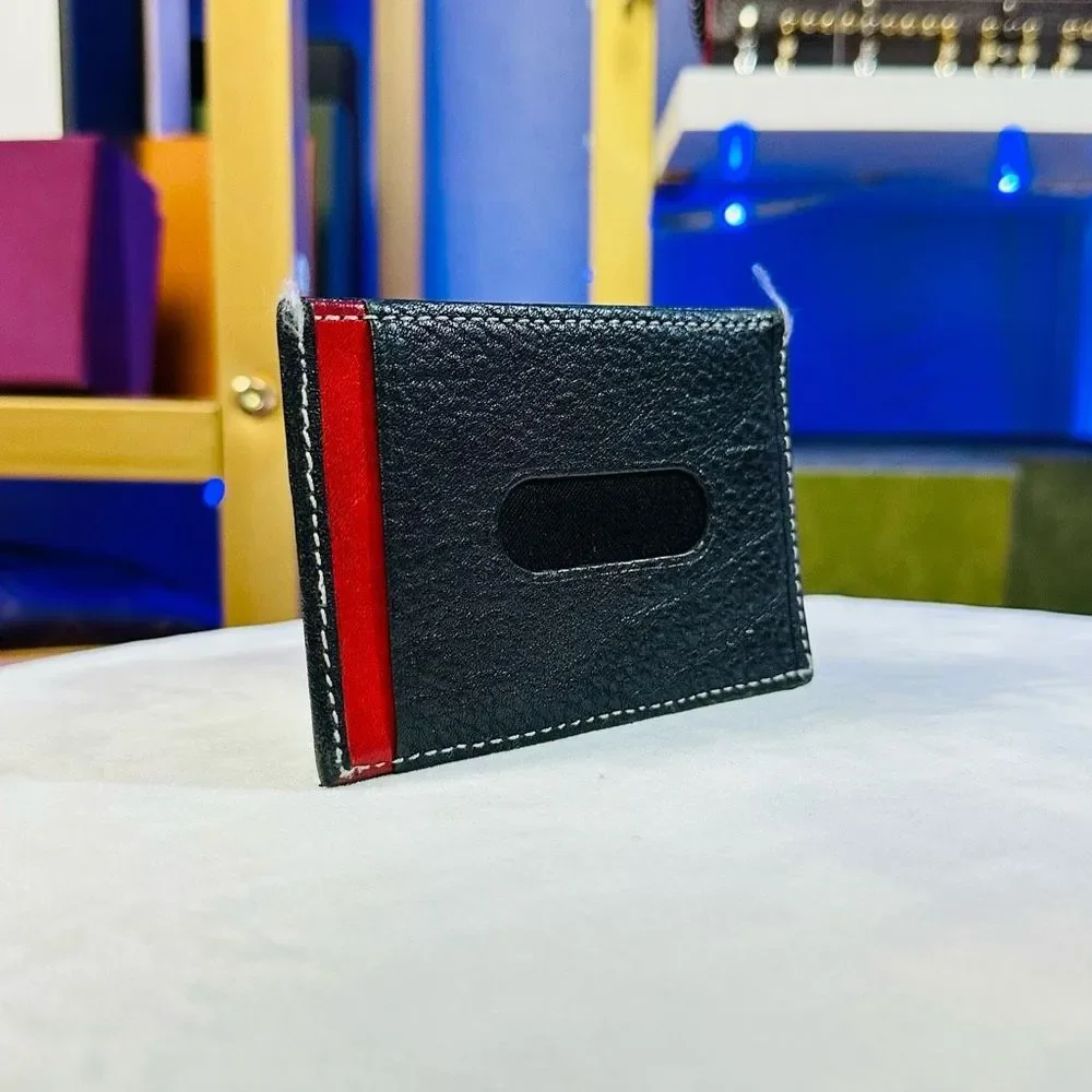 Takeo Kikuchi Black Red Strip Leather Men’s Compact Card Holder Case Wallet